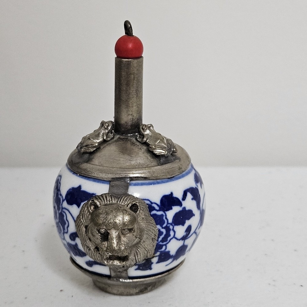 Antique 19th Century Chinese Tibetan Pewter Porcelain Snuff Bottle Blue White - Picture 7 of 11